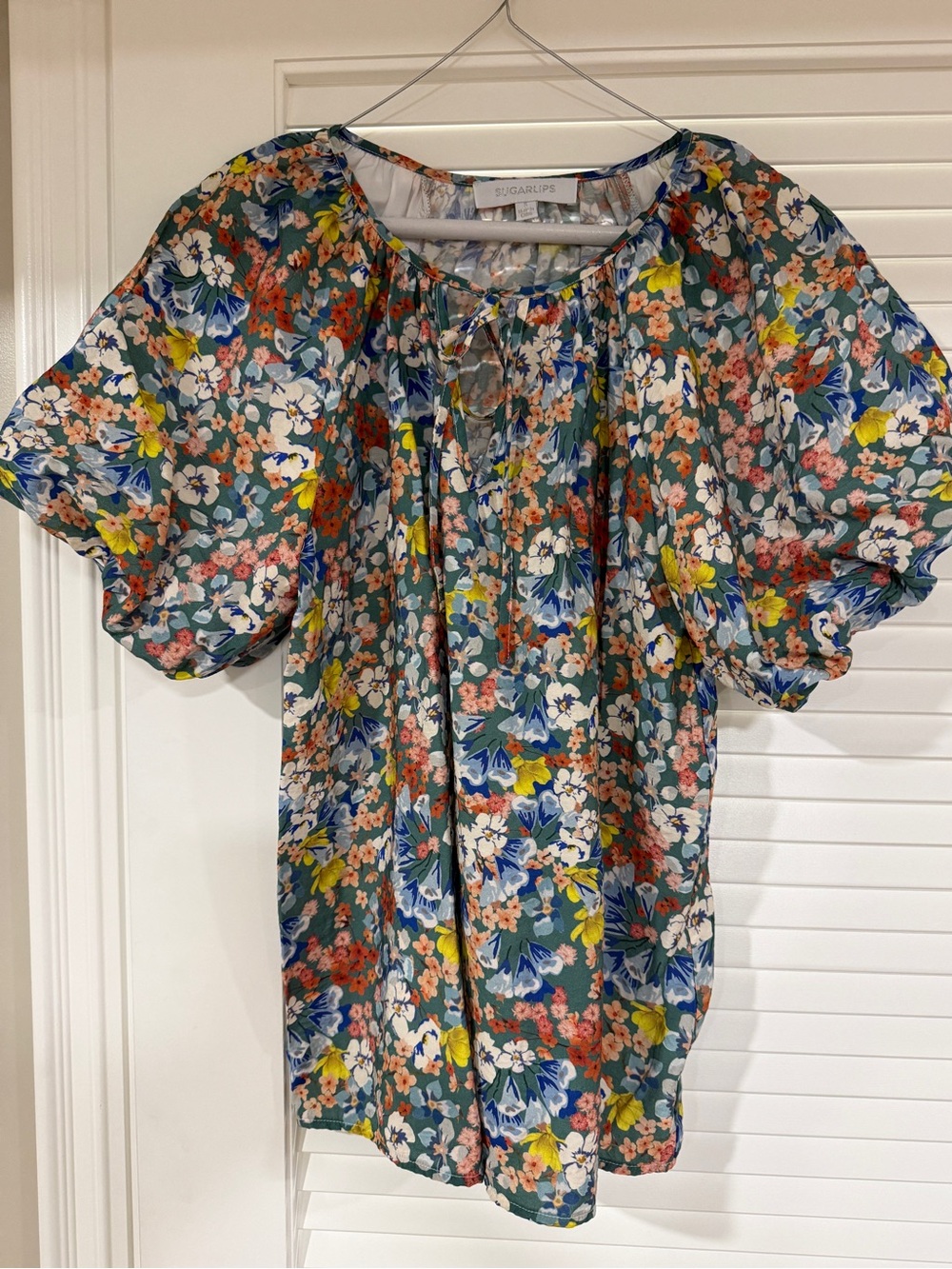 Sugarlips Teal Multi Floral Puff-Sleeve Tie-Neck Blouse